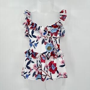 French Connection Cami Tank Top Women size 2 Floral Ruffles Garden Fairy Sparkle